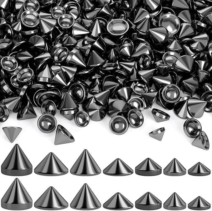 OIIKI 140PCS ABS Bullet Spike Cone Studs, 7 Styles Rivets Cone Spike Studs Beads, Flat Back Punk Spikes DIY Crafts Studs Glue on Decoration for Leather Clothes Belt Bags Jewelry Trims - Black
