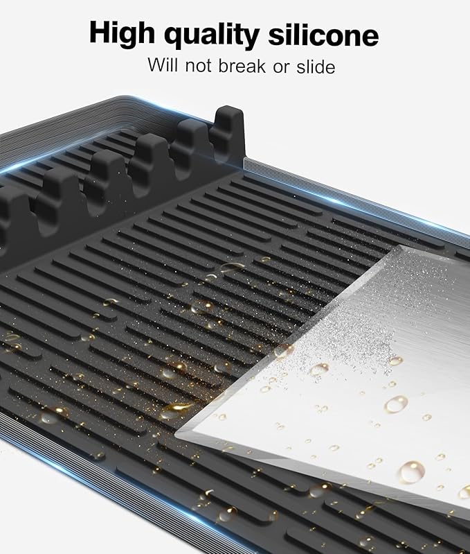 Silicone Grill Mat Compatible with Blackstone, BBQ Griddle Tools Mat with Drip Pad, Large Spatula Holder for Outdoor Kitchen Counter, Gifts for Men (Black)