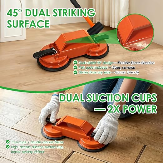 Floor Gap Fixer Tool for Laminate Floor Gap Repair, Heavy Duty Dual Suction Cups with 45° Striking Surface, Includes Rubber Mallet, Sticky Pads & Gloves for Vinyl Plank, LVP & Hardwood