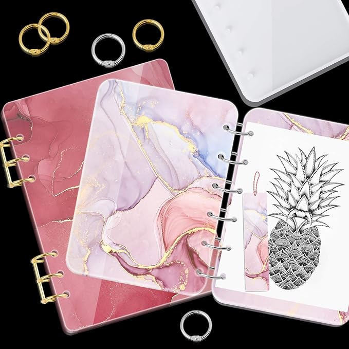 NiArt A4 Large Notebook Cover Epoxy Resin Silicone Molds A4,A5,A6,A7 Bookmark 40PCS Loose Leaf Binder Rings Kit DIY Casting Tool Handmade Agate Art Craft Soft Shiny Glossy Finish Easy Unmold Journal