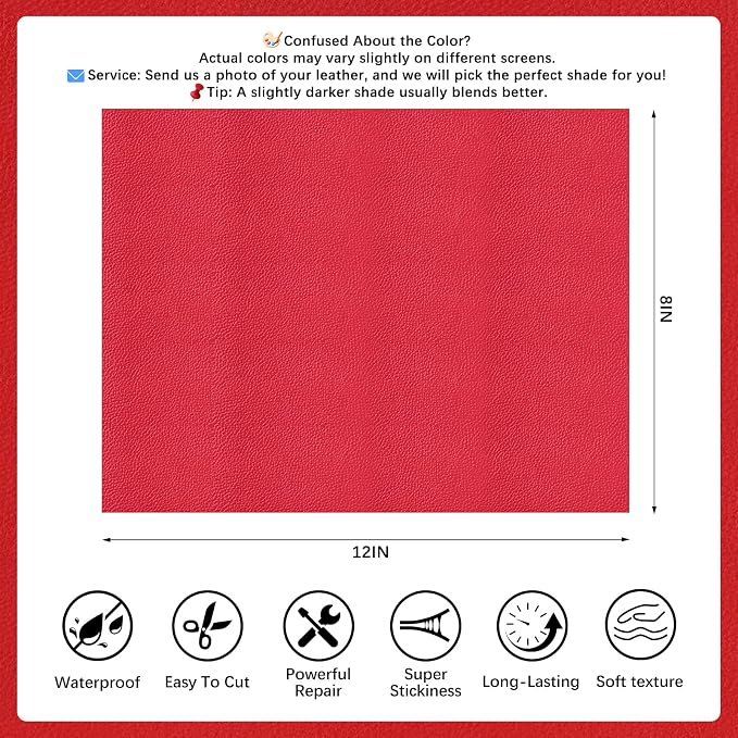 2 Pcs Red Leather Repair Tape, 8x12 Inch Leather Repair Patch Self-Adhesive, Waterproof Faux Leather Patch, Vinyl Repair Tape for Couch, Sofas, Furniture, Office Chair, Car Seats