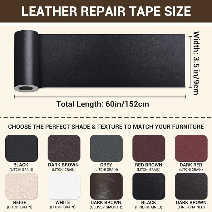 Self Adhesive Leather Repair Patch, Leather Patches for Furniture, Leather Repair Tape for Couch Sofa Car Seat Chair Furniture Repair, Leather Repair Kit (Dark Brown-Fine Grain, 3.5X60 Inch)