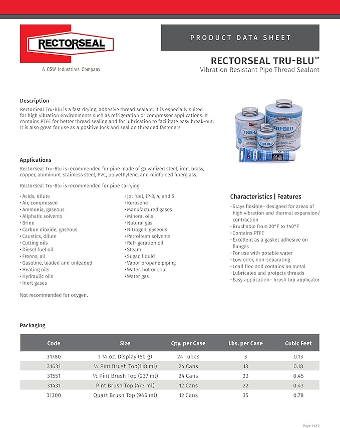 RectorSeal Tru-Blu 31780 Pipe Thread Sealant, Fast-Dry, Flexible Set Thread Sealant Designed for High Vibration Environments, PTFE Enriched, Plumbing, 1 3/4 oz
