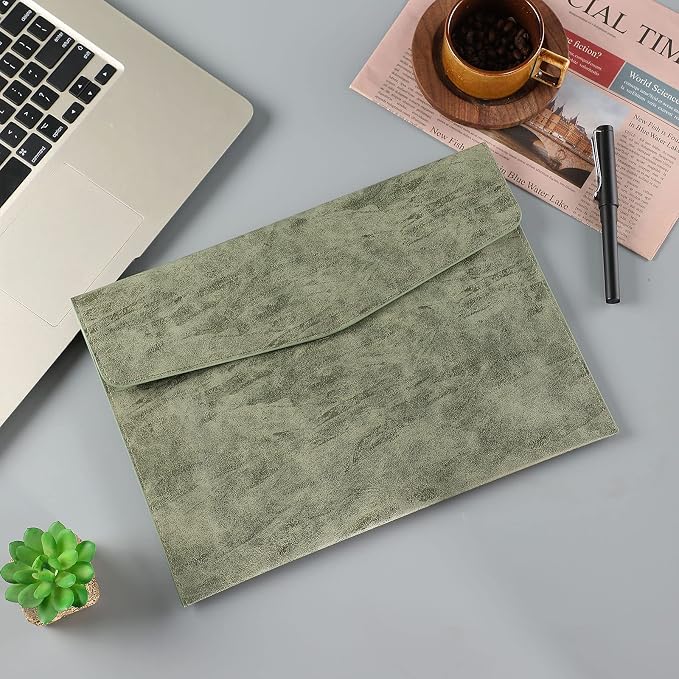 PU Leather A4 File Folder Document Holder Waterproof Portfolio Envelope Folder Case with Snap Closure Army-Green