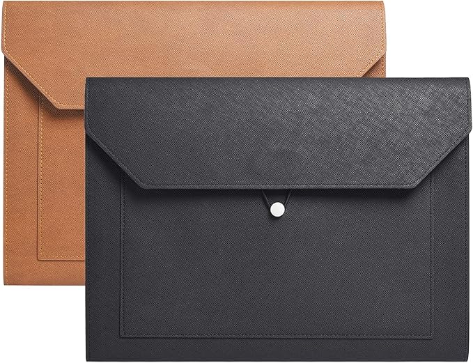PU Leather A4 File Folder Document Holder 2 Pockets Portfolio Envelope Folder Case with Elastic String 3/4 Inch Expansion (Black&Brown)