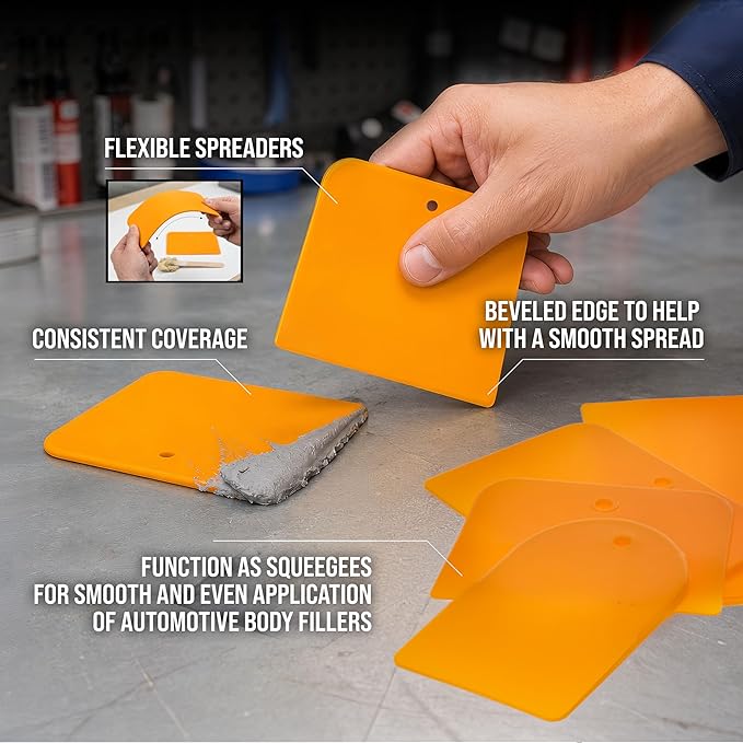 Custom Shop 4, 5, & 6 Inch Plastic Body Filler Spreader Tools (24 Pack) for Automotive Body Fillers, Putties, Glazes, Epoxy Resin, Caulk, Glues - Plastic Spreader Tool Variety Pack