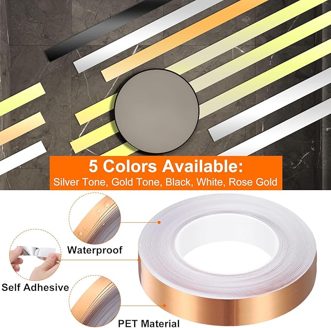 HARFINGTON 2Pcs Floor Tiles Rose Gold Foil Lines Metallic Mirror Tape 0.98" x164 Ft Self Adhesive Decor Floor Wall Seam Sticker Waterproof Gap Sealing Tape for Kitchen Bathroom Cabinet