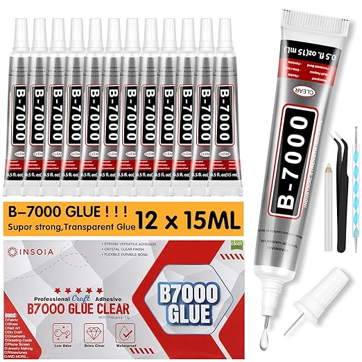 12 PCS 15ml B7000 Glue Clear with Precision Tip, Bedazzling Glue, Super Glues, Rhinestone Glue for Nail, Craft Glues, Jewelry Making, Nail Art, DIY, Makeup, Shoes