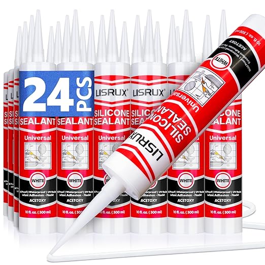 LISRUX Supreme Silicone Caulk for Kitchen & Bathroom, White, 10 fl oz Cartridge, 24 Pack - 100% Waterproof Silicone Sealant, Stronger Adhesion, Shrink & Crack Proof