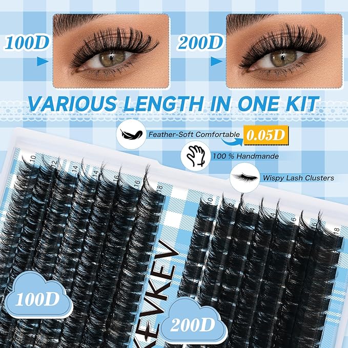 Lash Clusters Volume Eyelash Clusters 10-18mm Thick Individual Lashes 231pcs D Curly Cluster Eyelash Extensions Soft DIY Lash Extension At Home(0.05D,100D+200D)