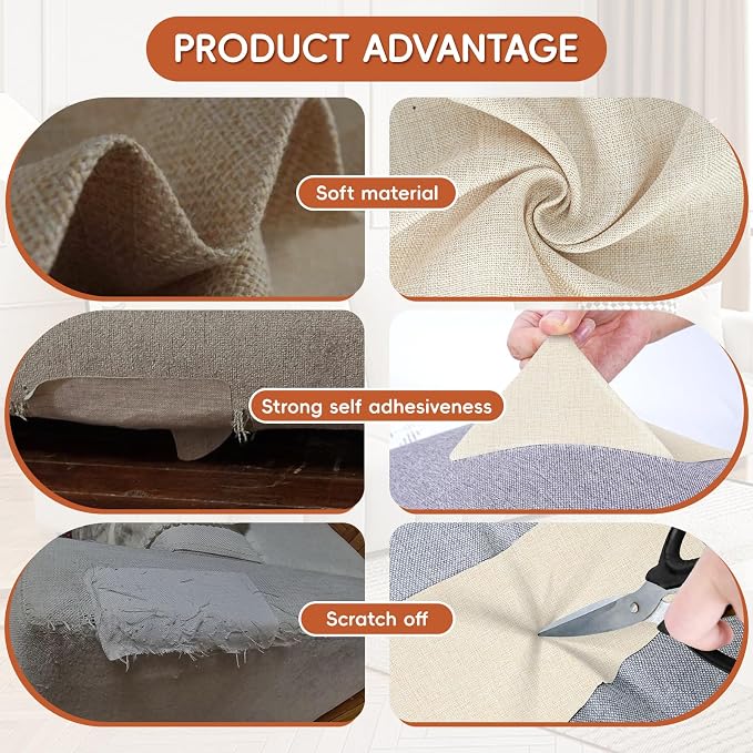 Linen Fabric Repair Tape 4x79 Inch, Self Adhesive Couch Patch Repair Fabric Tape for Furniture, Linen Patch Kit for Couch, Carpet, Upholstery, Chair, Sofa, Pillows, Bag (Coarse, Beige)