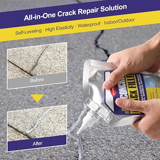 Self-Leveling Concrete Crack Filler – High Elasticity Waterproof Cement Sealant, 70.6oz Fast-Drying DIY Outdoor Concrete Joint Repair Seal Glue for Driveway, Sidewalk, Patio, Garage Floor - 4Pack Gray