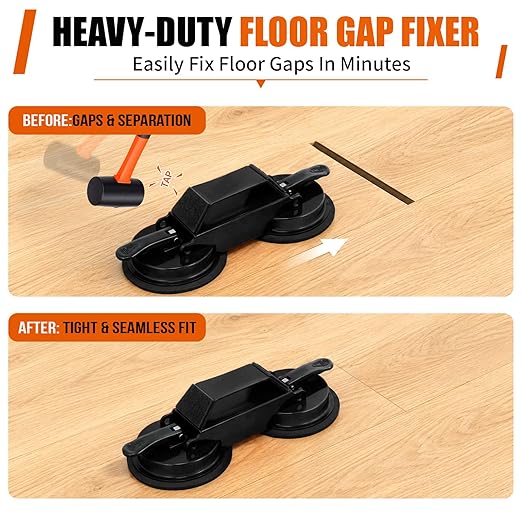 Floor Gap Fixer Tool with Suction Cup, Heavy Duty Floor Gap Repair Kit for Laminate, Floating, LVP, Vinyl Plank & Hardwood Flooring, Includes Rubber Mallet, Scrape, Gloves & 6 Reusable Pads