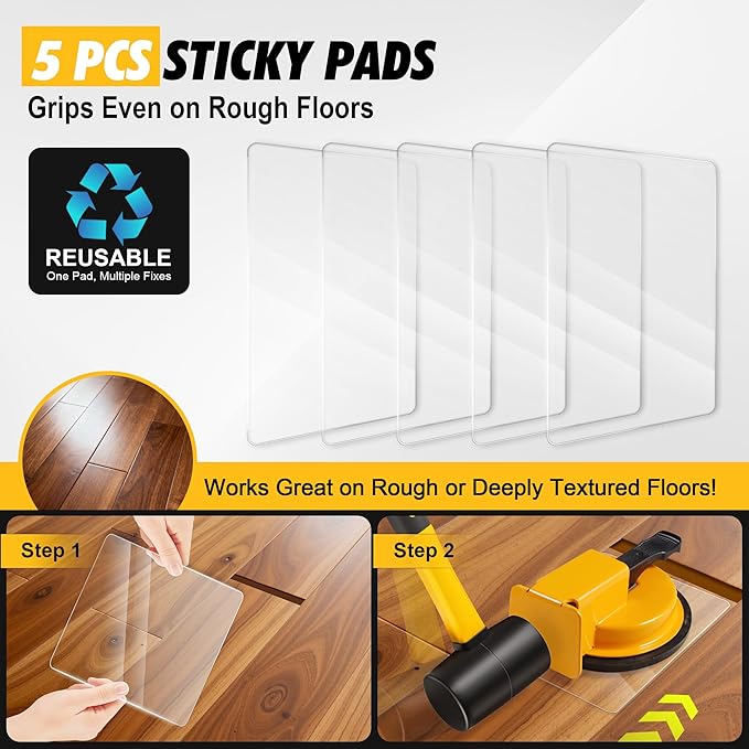Floor Gap Fixer Tool with Rubber Mallet, Iron Body & Strong Suction Cup, Includes 5 Sticky Pads for Laminate, Vinyl, Wood & Tile Flooring Installation and Repair