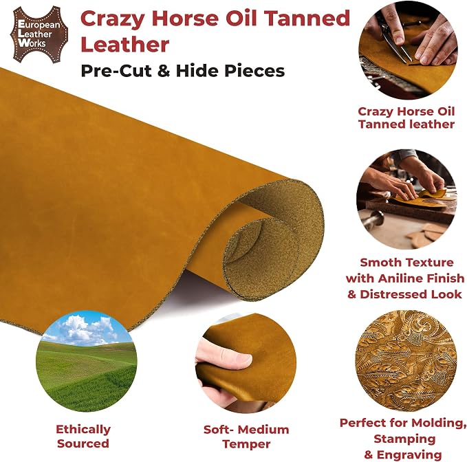 ELW Crazy Horse Leather 5-6 OZ (2-2.4mm) | Tobacco Brown | Pre-Cut 6"x12" | Full Grain Cowhide Handmade Leather for DIY, Crafts, Sheaths, Sewing, Workshop