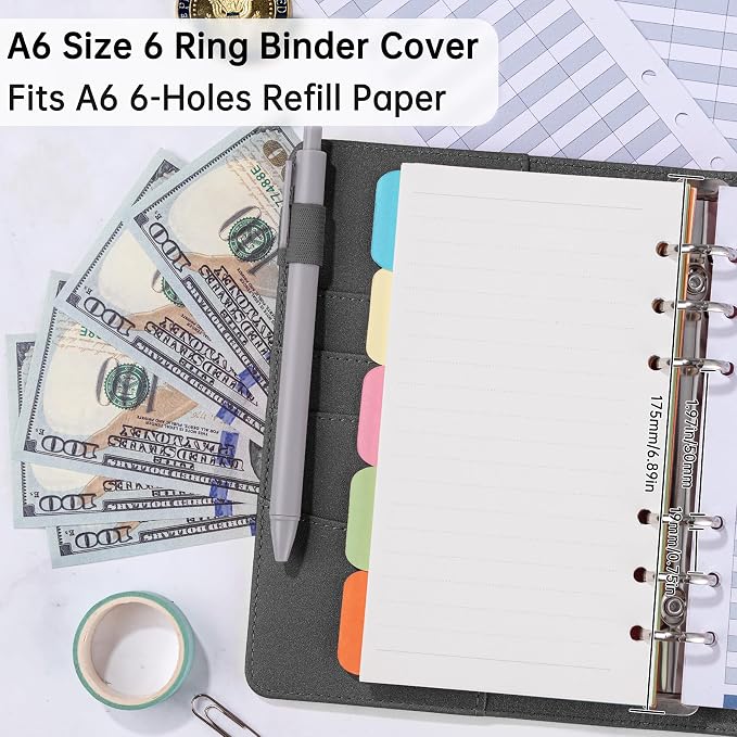 Antner A6 Notebook Binder Refillable 6 Ring Budget Binder Cover for A6 Refill Paper, PU Leather Budget Planner Organizer with Magnetic Buckle, Loose Leaf Personal Planner, Glitter Black