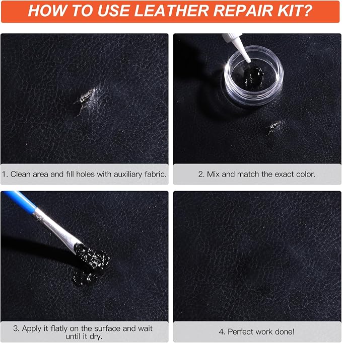 Black Leather Repair Kit for Furniture, Leather Couch Repair Kit for Car Interior, Car Seats, Sofa, Jacket and Purse, Vinyl Repair Kit with Color Matching Guide, Restores Artificial, Genuine Pleather