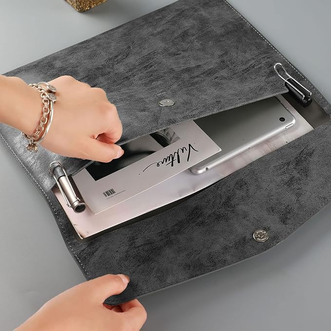 PU Leather A4 File Folder Document Holder Stylish Portfolio Envelope Folder Case with Snap Closure for Receipt Contract Black