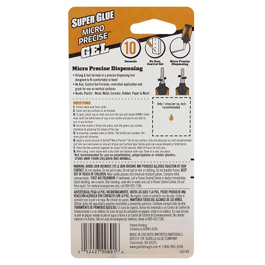Gorilla Micro Precise Super Glue Gel, Cyanoacrylate Glue, Fast Setting, Precise Dispensing Tool, Anti-Clog Cap, Clear, 5.5g, (Pack of 1)