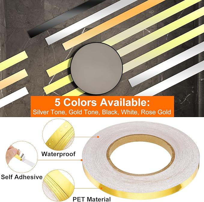 HARFINGTON 2Pcs Floor Tiles Gold Foil Lines Metallic Mirror Tape 0.4" x164 Ft Self Adhesive Decor Floor Wall Seam Sticker Waterproof Gap Sealing Tape for Kitchen Bathroom Cabinet
