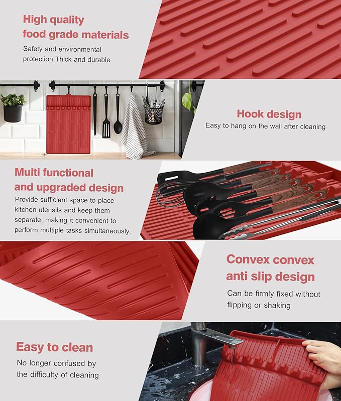 Silicone Grill Mat Compatible with Blackstone, BBQ Griddle Tools Mat with Drip Pad, Large Spatula Holder for Outdoor Kitchen Counter, Gifts for Men (red)