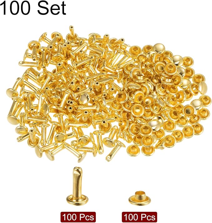 HARFINGTON 100 Sets Leather Rivets 10 x 6mm Metal Double Cap Rivet Snaps Studs Fasteners with 3pcs Setting Tools Rivets for Leather Craft DIY Repair Decoration, Gold Tone