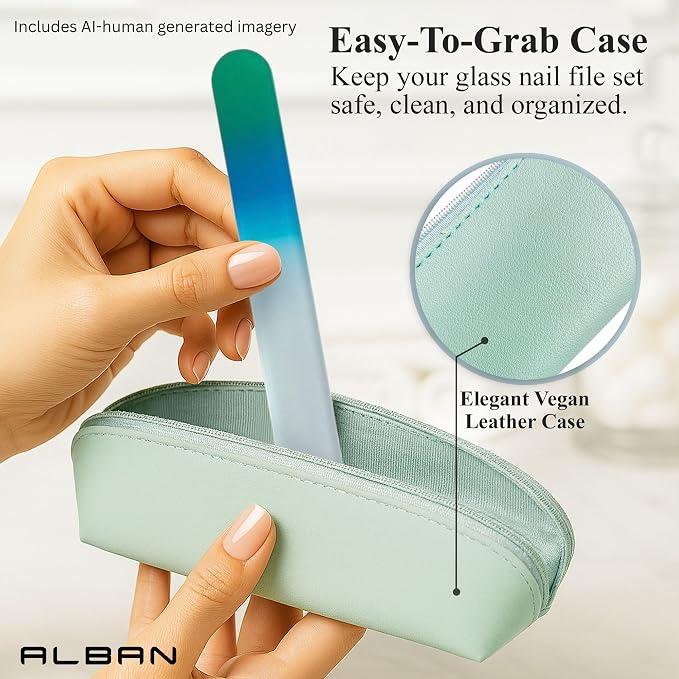 Alban Czech Glass Nail File Set with Manicure Stick & Vegan Leather Cosmetic Case (Green-Blue Nail Files, Light Blue Manicure Stick & Cosmetic Case)