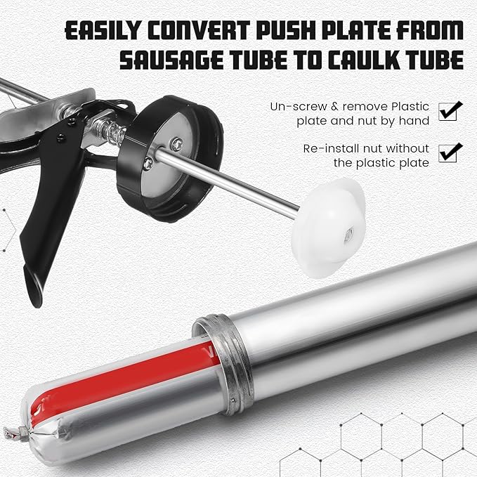 Lasnten 2 Pack Sausage Caulk Gun 20 oz Aluminum Sausage Caulking Gun Cordless Caulk Gun with 4 Cone Nozzles, 18: 1 Thrust, Aluminum Sealant Hand Caulk Gun Kit for Contractors