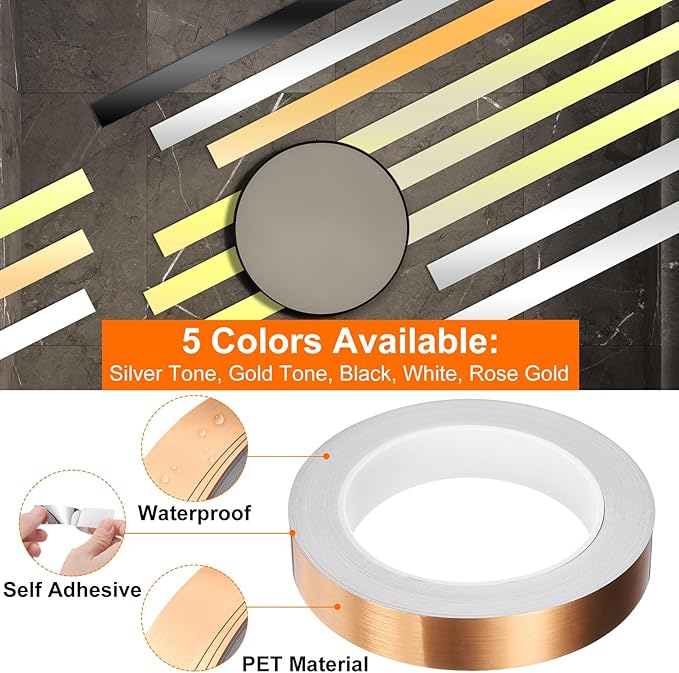 HARFINGTON 2Pcs Floor Tiles Rose Gold Foil Lines Metallic Mirror Tape 0.79" x82 Ft Ft Self Adhesive Decor Floor Wall Seam Sticker Waterproof Gap Sealing Tape for Kitchen Bathroom Cabinet