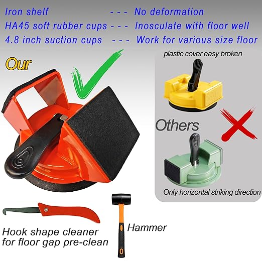 Floor Gap Fixer Tool, with Dual Heavy Duty 45°Striking Surface, Enhanced Suction Cup, 6X Sticky Pads, Rubber Mallet, Hook Tool, Works for Laminate, Vinyl, LVP, Wooden, Hardwood, Floor
