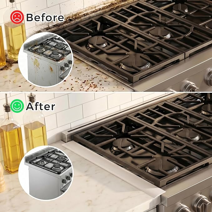 Silicone Stove Gap Covers with Stainless Steel, Oven Gap Filler Seals Gaps Between Stovetop and Counter, Stove Gap Guards Range Trim Kit, Easy to Clean Stove Gap Guard (Beige 2 Pack,25")