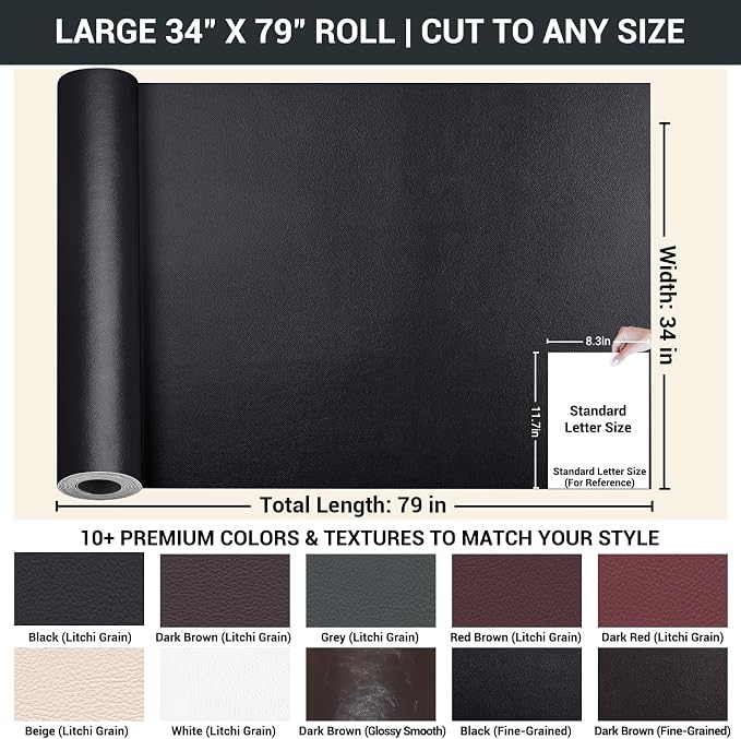 Self Adhesive Leather Repair Patch, Leather Patches for Furniture, Leather Repair Tape for Couch Sofa Car Seat Chair Furniture Repair, Leather Repair Kit (Dark Red-Litchi Grain, 34X79 Inch)