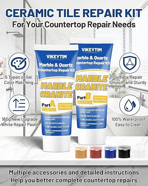 Tile, Marble and Granite Repair Kit (Color Match), 160g/5.64oz Quartz Countertop Repair Kit for Holes Dents Defects Chips Scratches Cracks, Fix Porcelain Stone Reattaches Corian Other Hard Surfaces