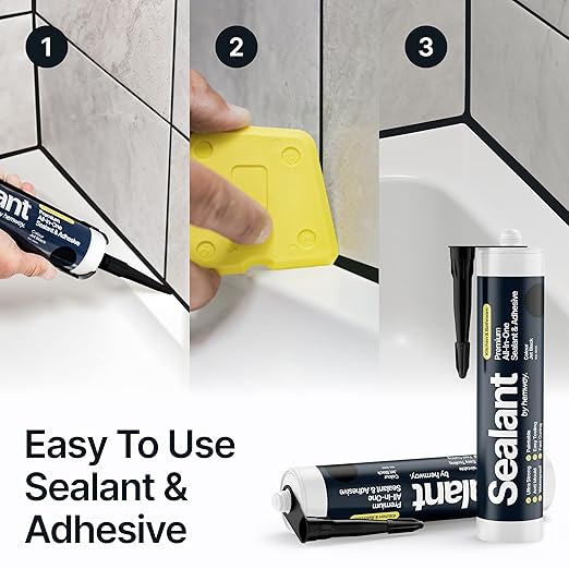 Jet Black Kitchen & Bathroom Sealant & Adhesive Hybrid Polymer | Superior to Silicone Caulk Sealant | Waterproof, Odorless, Paintable | Ideal for Around Bathtub, Shower, Kitchen - 300ml 1 Pack