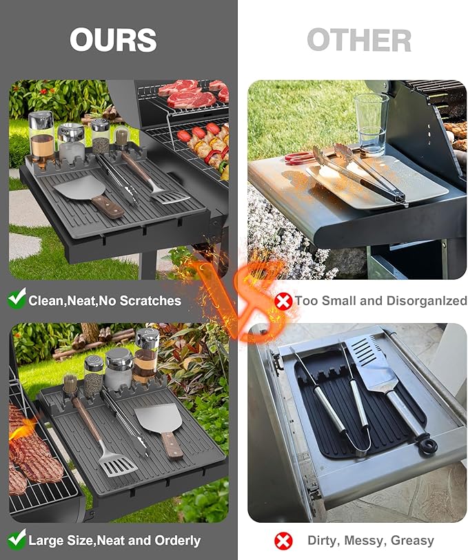 Silicone Grill Mat Compatible with Blackstone, BBQ Griddle Tools Mat with Drip Pad, Large Spatula Holder for Outdoor Kitchen Counter, Gifts for Men (Gray)