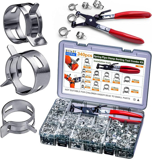 Spring Pipe Clamps340PCS, With Spring Pipe Clamp Tools, 12 Sizes 6-22mm Spring Hose Clamps, Used To Fix Hose Interfaces In Automotive, Marine, Gardening, Industrial Applications
