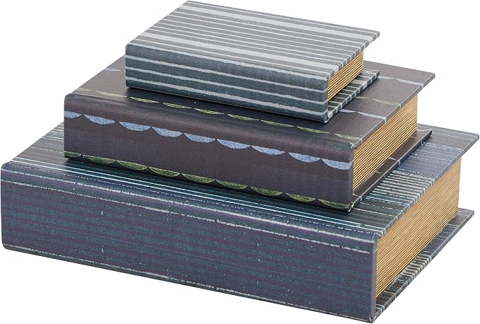 Deco 79 Faux Leather Decorative Box Faux Storage Book Book Shaped Boxes with Varying Striped Patterns, Set of 3 Decorative Keepsake Boxes 12", 9", 6"H, Blue