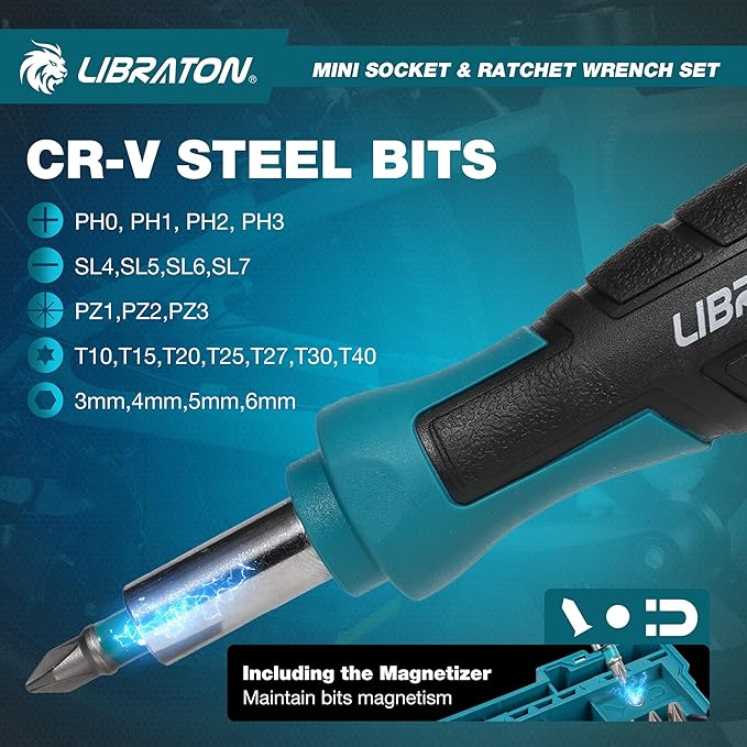 LIBRATON 1/4" Drive Mini Socket & Ratchet Wrench Set with Bits, 4-13mm Shallow Sockets, Magnetic Driver Handle, Extension Bars & Universal Joint, with Storage Case for DIY, Auto Repair