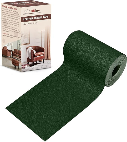 ONine Leather Repair Patch，Leather Repair Tape, 3 x 60 inches Leather Repair Patch for Furniture,Vinyl Repair kit，Leather Couch Patch，for Sofas, Furniture(Blackish Green-Litchi Grain)