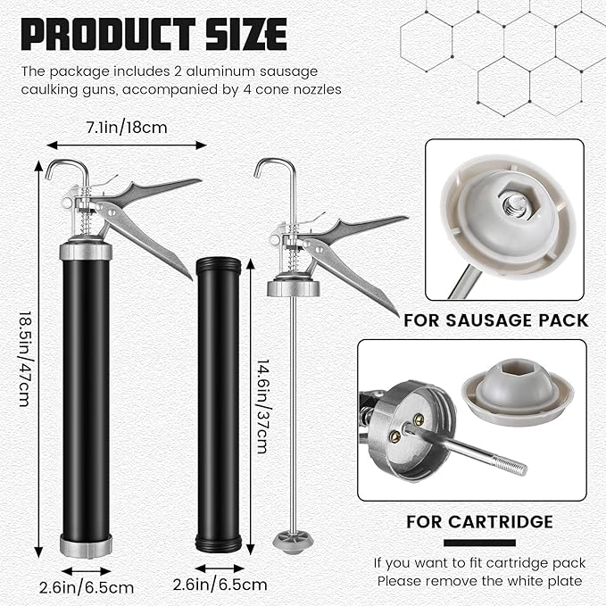 Lasnten 2 Pack Sausage Caulk Gun 20 oz Aluminum Cordless Sausage Caulking Gun with 4 Cone Nozzles, 18: 1 Thrust, Aluminum Sealant Hand Caulk Kit for Contractors (Black)