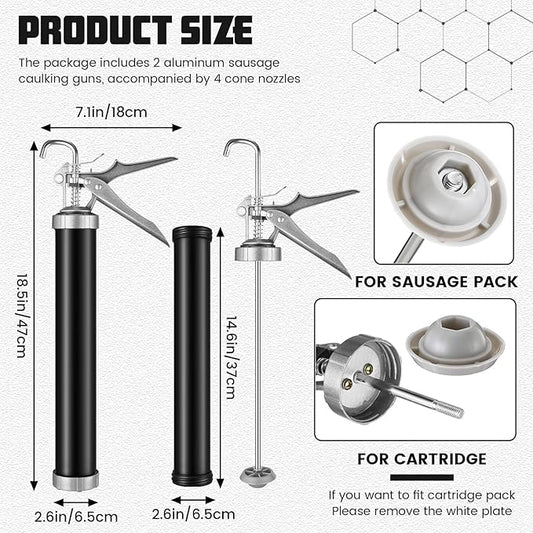 Lasnten 2 Pack Sausage Caulk Gun 20 oz Aluminum Cordless Sausage Caulking Gun with 4 Cone Nozzles, 18: 1 Thrust, Aluminum Sealant Hand Caulk Kit for Contractors (Black)