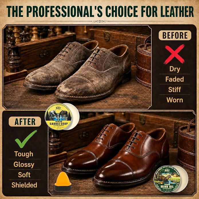 Leather Boot Care Kit,Mink Oil & Saddle Soap for Leather Cleaning,5-in-1 Leather Cleaner & Conditioner to Soften,Protect Leathercraft with Horsehair Brush & Cloth,Boot Cleaning Kit