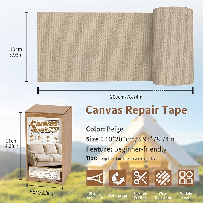 4 x 79in Canvas Repair Patch, Self-Adhesive Waterproof Canvas Fabric Repair Tape, Couch Patch Kit for Bag, Boat Cover, Awning, Sofa, Chair, Couch, Tent Repairing, Beige
