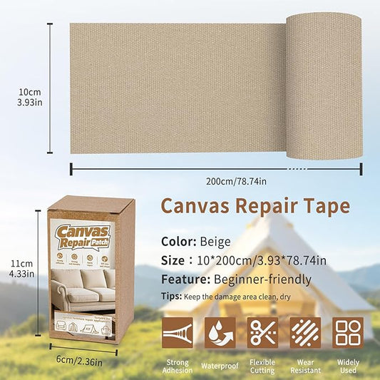 4 x 79in Canvas Repair Patch, Self-Adhesive Waterproof Canvas Fabric Repair Tape, Couch Patch Kit for Bag, Boat Cover, Awning, Sofa, Chair, Couch, Tent Repairing, Beige