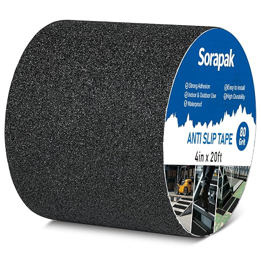 Black Anti Slip Tape 4in x 20ft, 80 Grit Waterproof Non Skid Grip Tape Roll for Ramps, Decks, Boat Decks, Warehouse Floors, Garages, Indoor & Outdoor Use