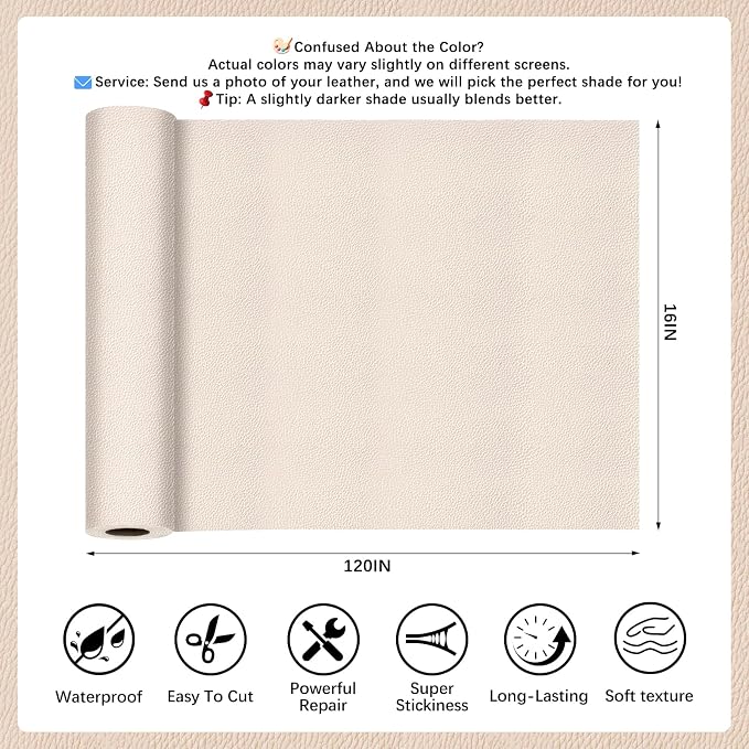 Ivory Gray Leather Repair Tape, 16x120 Inch Leather Repair Patch Self-Adhesive, Waterproof Faux Leather Patch, Vinyl Repair Tape for Couch, Sofas, Furniture, Office Chair, Car Seats