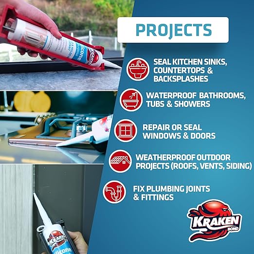 Kraken Bond Black Silicone Sealant Waterproof% 100-10 fl oz Cartridge, RTV Silicone Caulk Kitchen and Bathroom, All Purpose, Window Caulking Sealant Outdoor, RV, Exterior Use Silicon - 2 Pack