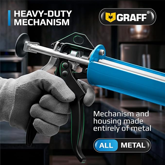 Professional Heavy-Duty Caulking Gun 26:1 Thrust Ratio, Triple Push Rod Dripless Silicone Caulk Gun with Metal Handle, Adjustable Trigger, Fits 5–10 oz Cartridges for Silicone Acrylic & Sealants GRAFF | Triple push rod system –max pressure 150–310 ml c...