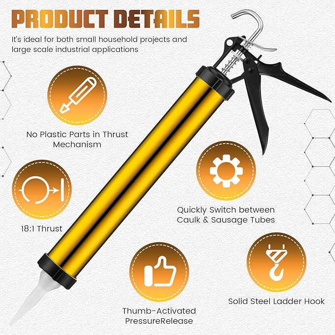 Lasnten 2 Pack Sausage Caulk Gun 20 oz Aluminum Cordless Sausage Caulking Gun with 4 Cone Nozzles, 18: 1 Thrust, Aluminum Sealant Hand Caulk Kit for Contractors (Gold)