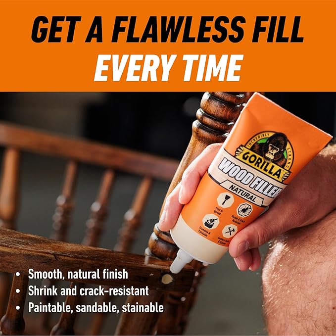 Gorilla All Purpose Wood Filler, Natural Color, 6 Ounce Tube (Pack of 2) - Water Resistant for Indoor or Outdoor Projects and Repairs